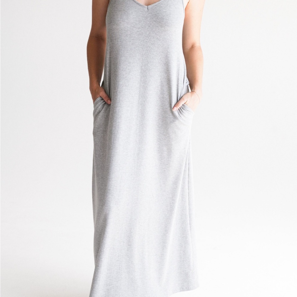 Carly Jean Los Angeles Light Gray Spaghetti Strap Maxi Dress - Picture 2 of 10